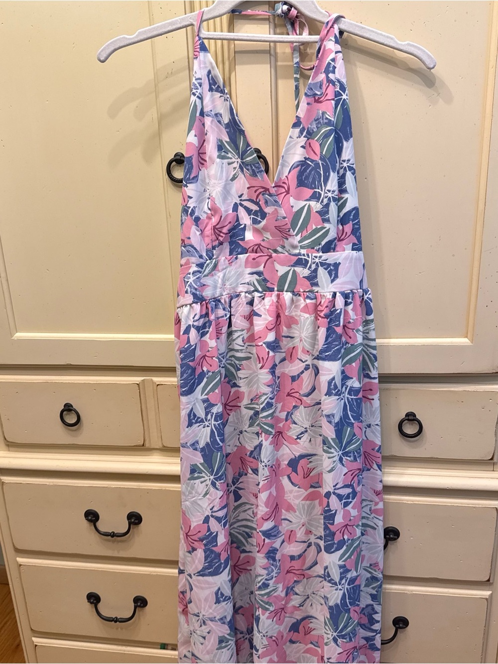 Pink Lily Floral Maxi Dress in Pink, Blue & White